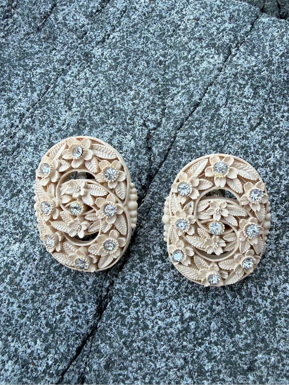 Vintage Celluloid Japan Cream Floral Carved Rhinestone Clip-On Earrings